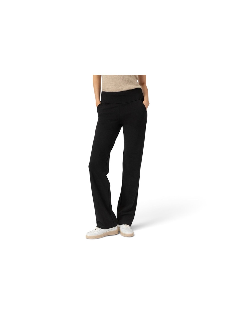 Wide-Leg Knit Pants with Foldover Waistband - Black